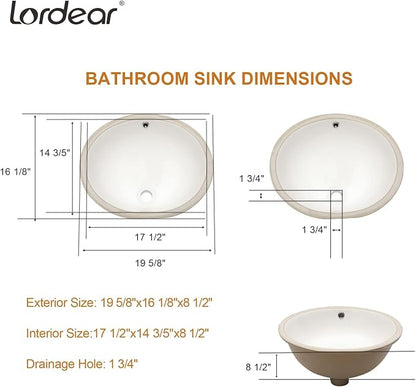 Lordear Undermount Bathroom Sink 19x16 Inch Bathroom Vanity Sink Undermount Round White Porcelain Ceramic Bathroom Under Counter Lavatory Vanity Sink Basin with Overflow