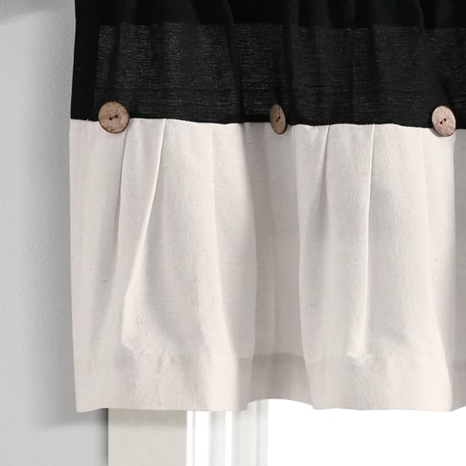 Lush Decor Linen Button Farmhouse Valance Curtians 52" W x 18" L Black & White - Linen Valances for Windows - Kitchen Curtains Valances (Pack of 12)