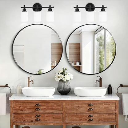 3 Light Black Bathroom Light Fixture, Modern Vanity Lights Over Mirror | Bathroom Wall Sconce with White Glass Shade, Modern Anti-Rust Vanity Light Fixture, Hardwired, E26(Bulbs Not Included)