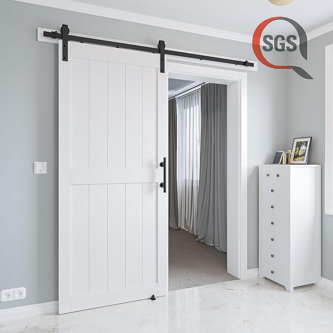 34in x 84in MDF Sliding Barn Door with 6ft Barn Door Hardware Kit & Handle | White Solid Barn Door Slab Covered with Water-Proof PVC Surface, Pre-Drilled Holes Easy Assembly, H-Frame