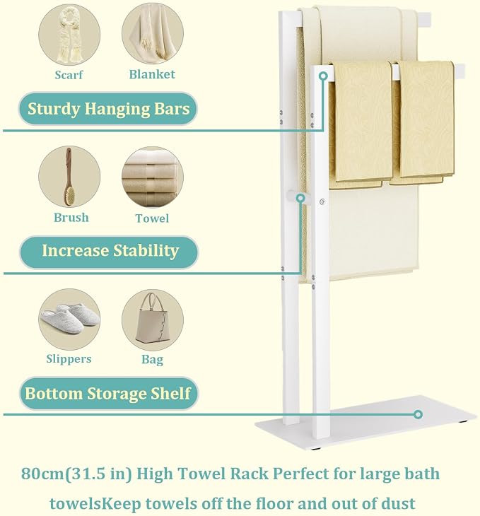 Yawinhe 2 Tier Free Standing Towel Rack,31.5in Towel Drying Rack,White | Blanket Holder with Marble Base;Tall Towel Drying Rack Outdoor; Metal Towel Stand for Bathrooms;Hand Holder for Bathroom