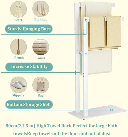 Yawinhe 2 Tier Free Standing Towel Rack,31.5in Towel Drying Rack,White | Blanket Holder with Marble Base;Tall Towel Drying Rack Outdoor; Metal Towel Stand for Bathrooms;Hand Holder for Bathroom