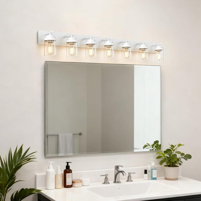 IZORRO Bathroom Vanity Light Fixture, 7-Light 52 inch White Bathroom Light Fixtures Over Mirror, with Clear Glass Shade, Modern Farmhouse Vanity Lights, Rustic Restroom Lighting Fixtures