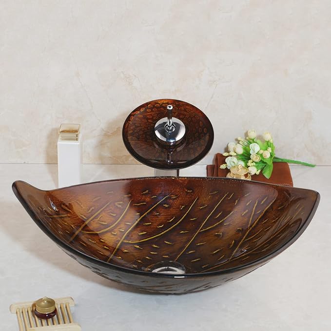 Bathroom Vessel Sink Combo Tempered Glass Leaf Shape Bowl
