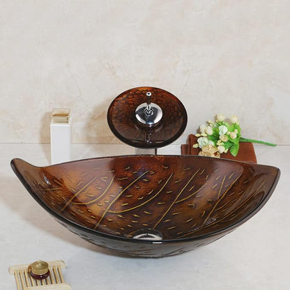 Bathroom Vessel Sink Combo Tempered Glass Leaf Shape Bowl