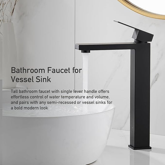Matte Black Vessel Sink Faucet, 1 Hole Single Handle Tall Bathroom Vanity Faucets, Modern Utility Rv Laundry Bath Restroom Mixer Tap with Metal Pop Up Drain and 2 Water Supply Lines