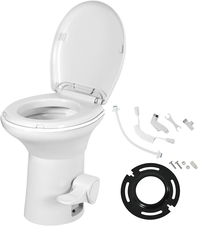 YITAMOTOR RV Toilet with Enamel Bowl, Plastic Toilet Body, Pedal Flush, Gravity Flush Toilet High Profile with Hand Sprayer and Flange for Motorhome Caravan Car Travel | Plastic Toilet Body, Pedal Flush, Gravity Flush Toilet High Profile with Hand Spra...