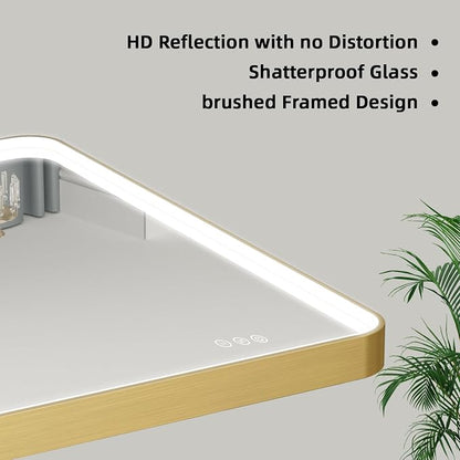 LED Mirror for Bathroom 40X28 Inch Gold Framed with Anti-Fog, Stepless Dimmable, Front Lit, LED Bathroom Vanity Mirror for Wall, Memory Function, Shatter-Proof