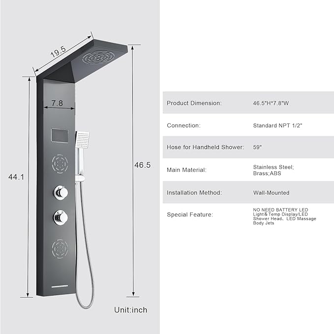 POPFLY Shower Panel Tower System with LED MIST & RAIN Shower Head, 2 Body Jets with LED, Tub Spout and Temperature Display, Water Powered Led Shower Tower Column Stainless Steel, Black
