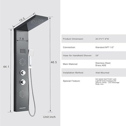 POPFLY Shower Panel Tower System with LED MIST & RAIN Shower Head, 2 Body Jets with LED, Tub Spout and Temperature Display, Water Powered Led Shower Tower Column Stainless Steel, Black