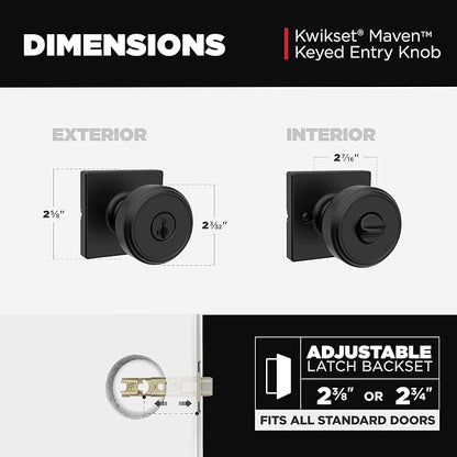 Kwikset Maven Entry Door Knob with Lock and Key, Secure Keyed Handle Exterior, Front Entrance and Bedroom, Matte Black, 4 Pack, Pick Resistant SmartKey Rekey Security and Microban