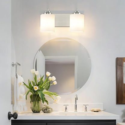 SOLFART Brushed Nickel 2 Light Vanity Lights for Bathroom, Milky Glass Shade Vintage Wall Sconce, Modern Bathroom Light Fixture Over Mirror, Easy to Install High-End Vanity Light (Bulbs Not Included)