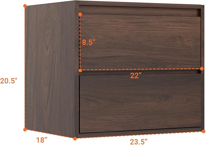 24 Inch Floating Bathroom Vanity Cabinet Only, Wall Mounted Wood Cabinet with 2 Divided Storage Drawers, Space-Saving Design for Small Bathroom, Rich Walnut Lacquer Finish, Easy Assembly