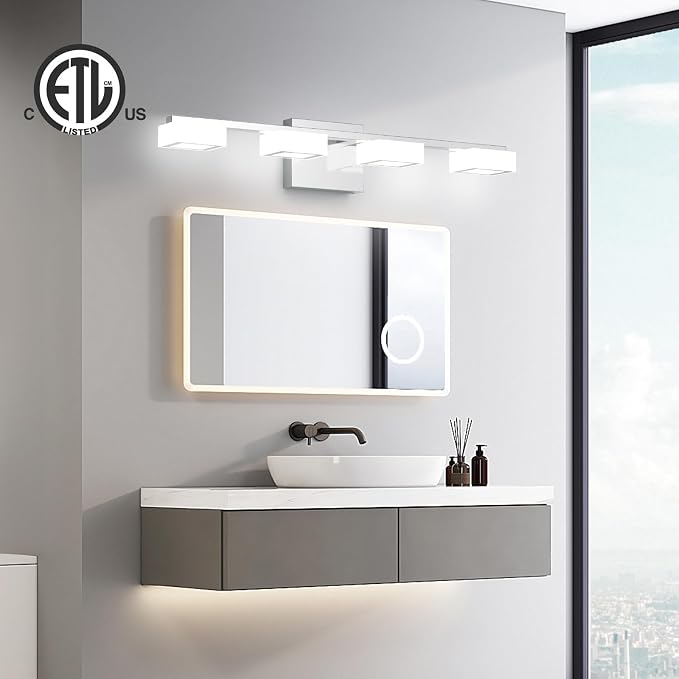 LED Modern Bathroom Light Fixtures Over Mirror, 4-Light Dimmable Vanity Lights, Chrome Acrylic Bathroom Vanity Light, 2700K-6500K Adjustable, ETL Certificated