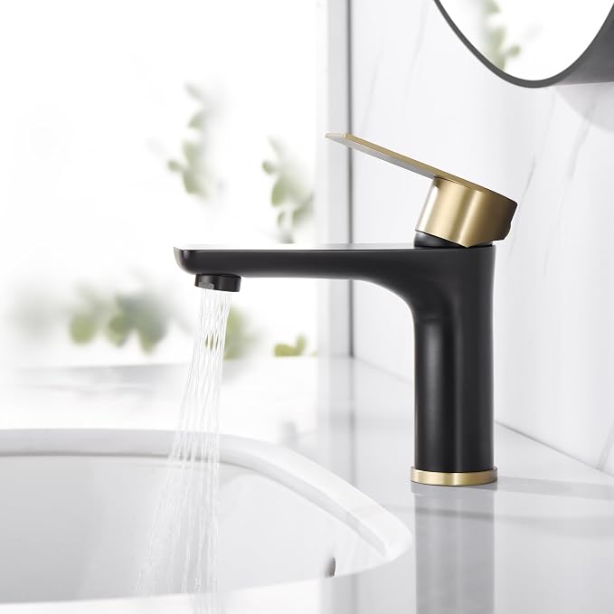 SUMERAIN Modern 304 Stainless Steel Bathroom Faucet Lead-Free Vanity Sink Faucet Black&Gold Single Handle Washbasin Faucet | Lead-Free, Single Handle, Unique Flow Pattern, Water-saving, Easy DIY Install
