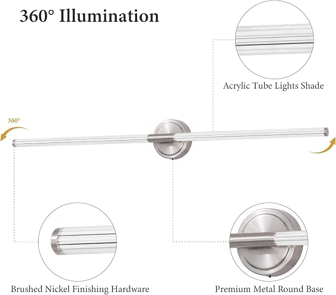 URSOLA 48" Modern LED Bathroom Light Fixtures, Brushed Nickel 3CCT Dimmable Bathroom Vanity Light Over Mirror, Bathroom Vanity Bath Bar Lights with 360° Removable Acrylic Light Tube