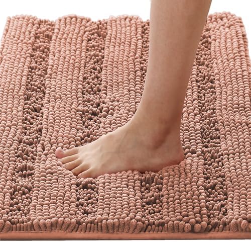 H.VERSAILTEX Bathroom Rugs Bath Rugs for Bathroom Non Slip Bath Mats Extra Thick Chenille Striped Rug 17" x 24" Absorbent Soft Shaggy Washable Dry Fast Bath Mats - Muted Clay
