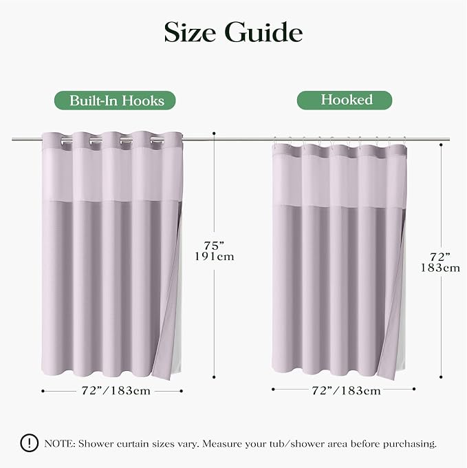 Lavender Hook Free Waffle Shower Curtain & Snap Fabric Liner,72x81 | Less Time to install, 3 in 1 Fabric Shower Curtain and Liner Set with Magnets, Long, Shower Curtains for Bathroom