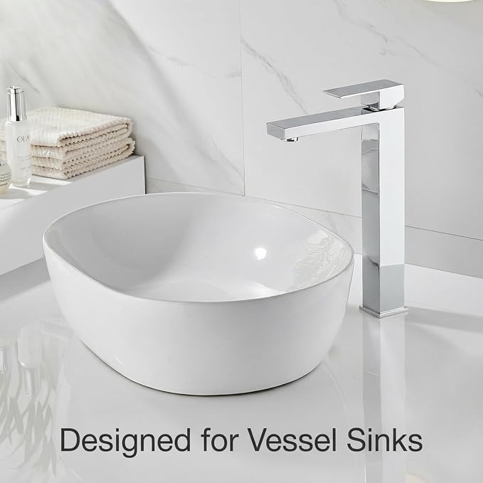 Chrome Vessel Sink Faucet, 1 Hole Single Handle Tall Bathroom Vanity Faucets, Modern Utility Rv Laundry Bath Restroom Mixer Tap with Metal Pop Up Drain and 2 Water Supply Lines