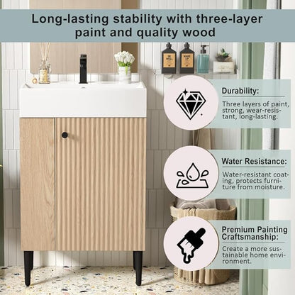 22" Small Bathroom Vanity with Sink, Morden Bathroom Vanities with Soft-Close Door and Open Shelf, Freestanding Narrow Vanity for Compact Space-Saving Bathrooms (Wood,22" Freestanding Left Shelf)