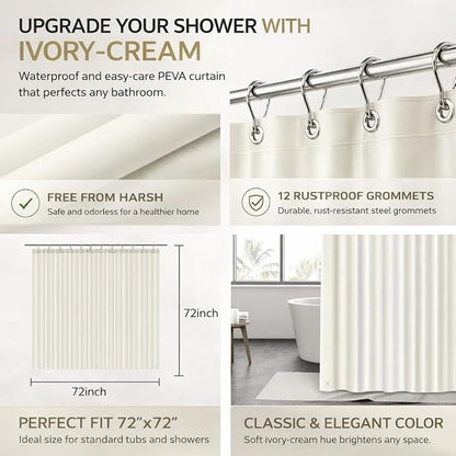 EHZNZIE Cream Shower Curtain Liner 72x72, PEVA Waterproof Bath Curtain, No Chemical Smell, 3 Weighted Magnets, Durable with Rustproof Metal Grommets