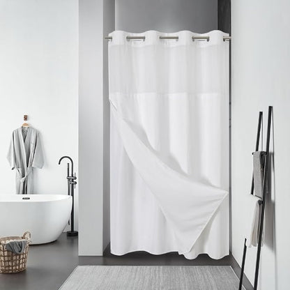 eachope No Hook Waffle Shower Curtain with Snap-in Liner, 54x80 Inch, White | 230GSM waffle weave fabric, waterproof liner set with 2 bottom magnets, mesh window, washable, for shower stalls or bathrooms