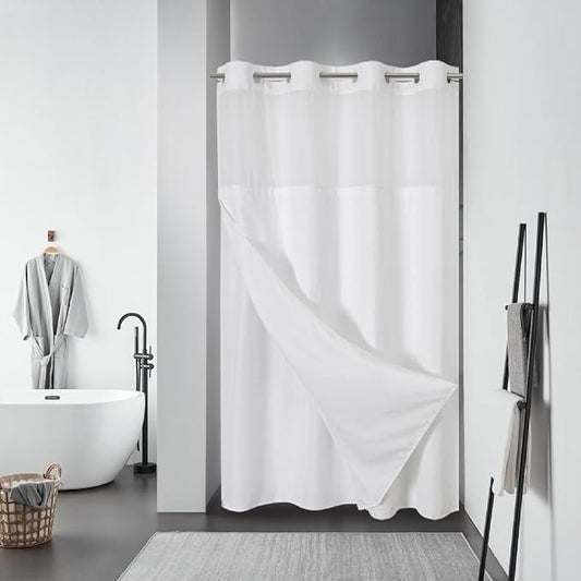 eachope No Hook Waffle Shower Curtain with Snap-in Liner, 54x80 Inch, White | 230GSM waffle weave fabric, waterproof liner set with 2 bottom magnets, mesh window, washable, for shower stalls or bathrooms
