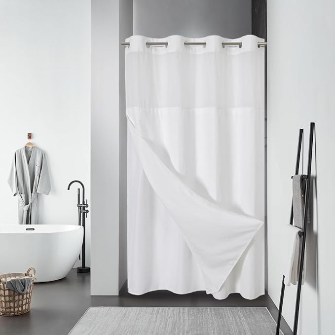 eachope No Hook Waffle Shower Curtain with Snap-in Liner, 60x86 Inch, White | 230GSM waffle weave fabric, waterproof liner set with 2 bottom magnets, mesh window, washable, for shower stalls or bathrooms