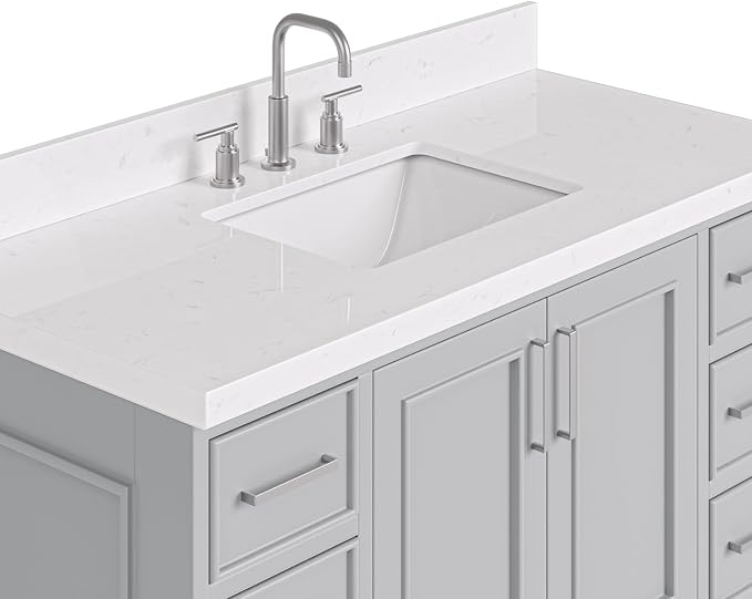 Langford 48-inch Grey Bathroom Vanity with Center Rectangle Single Sink, Carrara White Quartz Countertop & Backsplash, Solid Wood Frame, Soft-Closing & Dovetail Drawers