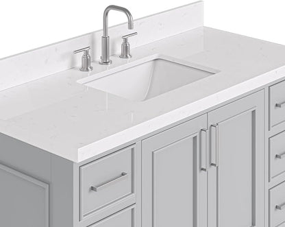 Langford 48-inch Grey Bathroom Vanity with Center Rectangle Single Sink, Carrara White Quartz Countertop & Backsplash, Solid Wood Frame, Soft-Closing & Dovetail Drawers