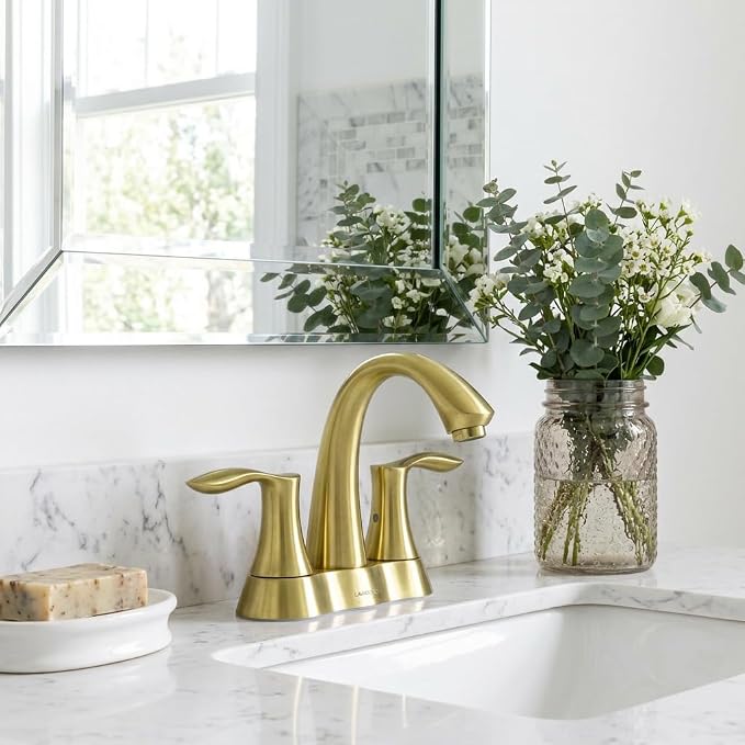 Brushed Gold Bathroom Faucet 3 Hole, 2 Handle Bathroom Sink Faucet, 4 Inch Centerset Bathroom Faucet with Drain Assembly, BF423-SG