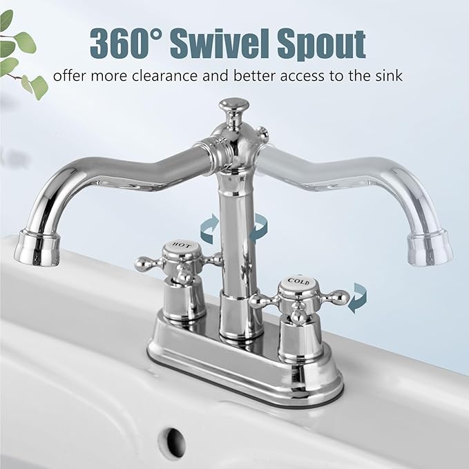 Aolemi 4 Inch Centerset Bathroom Sink Faucet Vintage 2 Cross Handle RV Mixer Tap Basin Vanity Lavatory Utility for Sink 3 Hole Include Hoses Pop Up Drain Faucet Handle with Label Polish Chrome