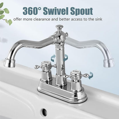 Aolemi 4 Inch Centerset Bathroom Sink Faucet Vintage 2 Cross Handle RV Mixer Tap Basin Vanity Lavatory Utility for Sink 3 Hole Include Hoses Pop Up Drain Faucet Handle with Label Polish Chrome