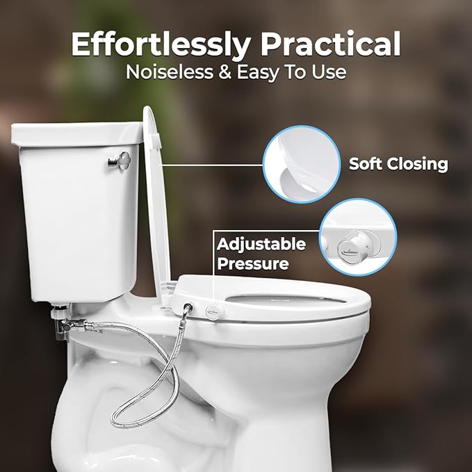 GenieBidet Bidet Toilet Seat Elongated - Dual Nozzles with T adapter & Bottle - Adjustable Water Pressure & Slow Close Bidet Seat Elongated with No Wiring & Easy Installation