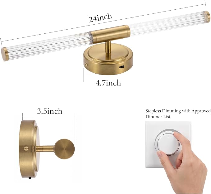 URSOLA 24" Modern LED Bathroom Light Fixtures, Golden 3CCT Dimmable Bathroom Vanity Light Over Mirror, Bathroom Vanity Bath Bar Lights with 360° Removable Acrylic Light Tube