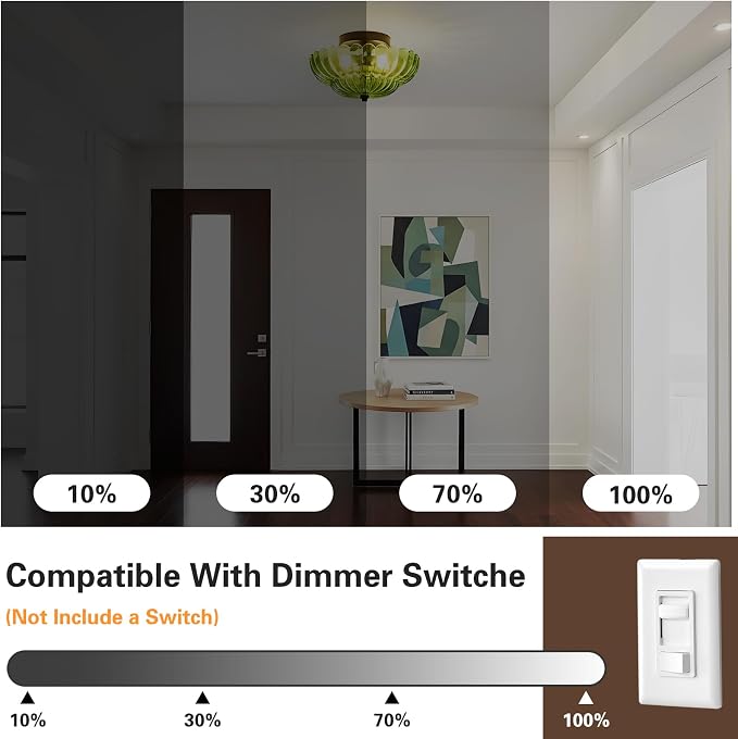 Green Glass Semi Flush Mount Ceiling Light Fixture,11.8 in,3-Lights | Flower Shape,Round Black Base,Use E26 Bulb,Support Dimmable,for Hallway,Bedroom,Bathroom,Foyer,Closet,Entryway,Laundry Room