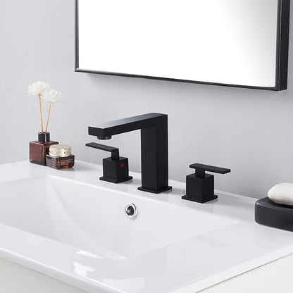 Matte Black Bathroom Faucet 3 Hole, Two Handle 8 Inch Widespread | Comes with Supply Lines & Pop-Up Drain, Easy Deck Mount, Square Shape, Fits Bathroom Vanity Sink, Powder Room & RV Sink