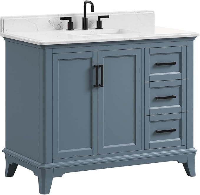 42 Inch Bathroom Vanity with Sink, Fully Assembled Solid Wood Frame Bathroom Vanities with 2 Soft Closing Doors, 3 Full Extension Dovetail Drawers, Quartz Top, Steel Blue