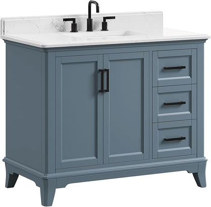 42 Inch Bathroom Vanity with Sink, Fully Assembled Solid Wood Frame Bathroom Vanities with 2 Soft Closing Doors, 3 Full Extension Dovetail Drawers, Quartz Top, Steel Blue