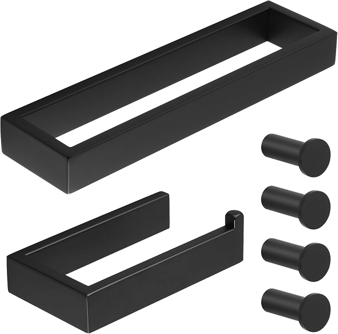 SAYAYO 6-Piece Bathroom Hardware Set Black, Includes 10 Inch Towel Bar | Toilet Paper Holder & 4Pcs Coat Hooks Wall Mount, Towel Racks for Bathroom Accessories Set SUS304 Stainless Steel