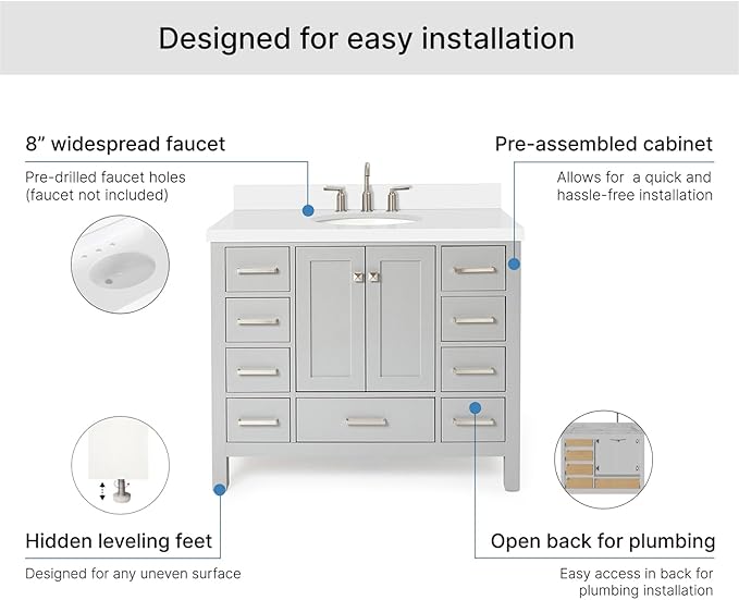 ARIEL Cambridge 42-inch Bathroom Vanity with Sink,Solid Wood, 1.5-inch Pure White Quartz Countertop & Backsplash, Single Oval Porcelain Sink, 2 Soft Closing Doors, 9 Dovetail Drawers, Grey