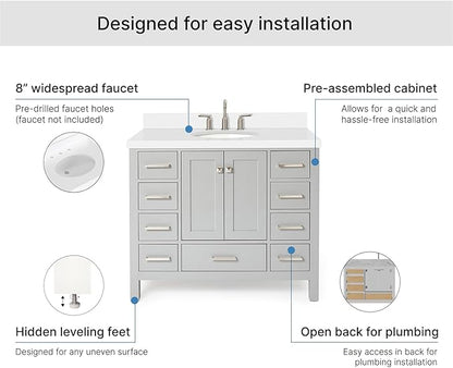 ARIEL Cambridge 42-inch Bathroom Vanity with Sink,Solid Wood, 1.5-inch Pure White Quartz Countertop & Backsplash, Single Oval Porcelain Sink, 2 Soft Closing Doors, 9 Dovetail Drawers, Grey