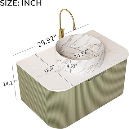 LKTART 30 Inch Floating Bathroom Vanity with Sink, Modern Wall Mounted Bathroom Storage Cabinet with Drawer, Stone Pattern Round White Ceramic Sink Top and Marble Texture Top, Green