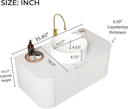 LKTART 36 Inch Floating Bathroom Vanity with Sink, Modern Wall Mounted Bathroom Storage Cabinet with Drawer, Round White Ceramic Sink Top and Marble Texture Top, White
