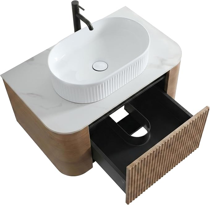 30" Preassembled Floating Bathroom Vanity with White Sink, Oak | Mid-Century Modern Style, Fluted & Soft-Close Drawer with U-shaped Wall, Sinterted Stone Countertop, Towel Rack Included