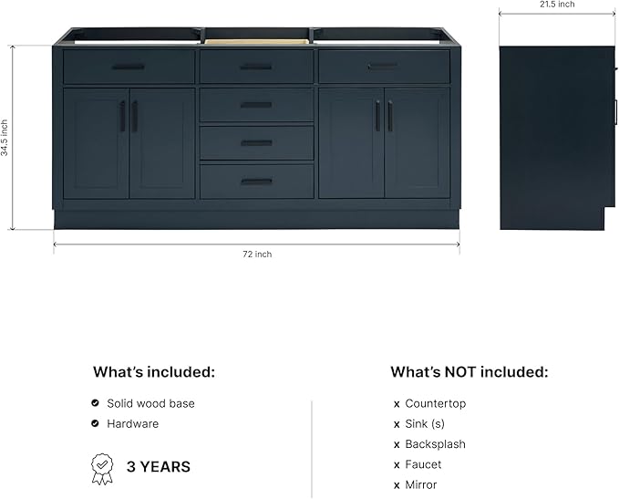 ARIEL Hepburn 72-inch Bathroom Vanity Base Cabinet,Solid Wood, 4 Soft Closing Doors, 6 Dovetail Drawers, Midnight Blue