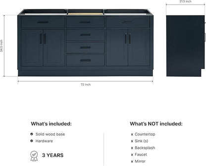 ARIEL Hepburn 72-inch Bathroom Vanity Base Cabinet,Solid Wood, 4 Soft Closing Doors, 6 Dovetail Drawers, Midnight Blue