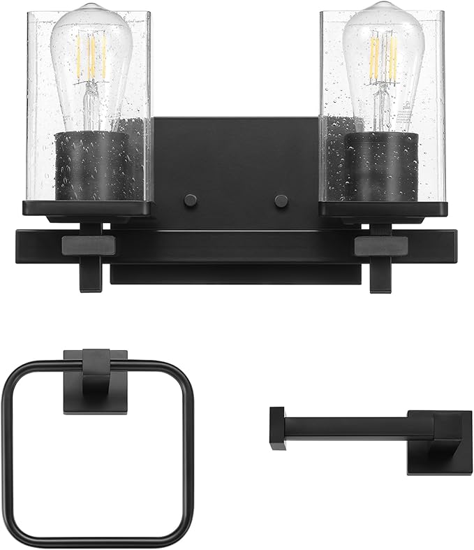 Globe Electric 63000101 3-Piece Powder Room Set, Matte Black, 13" 2-Light Vanity Fixture, Seeded Glass Shades, Towel Ring, Toilet Paper Holder, Bathroom Decor, Lighting Over Mirror, Home Essentials