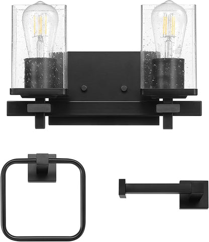 Globe Electric 63000101 3-Piece Powder Room Set, Matte Black, 13" 2-Light Vanity Fixture, Seeded Glass Shades, Towel Ring, Toilet Paper Holder, Bathroom Decor, Lighting Over Mirror, Home Essentials