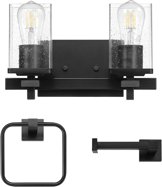 Globe Electric 63000101 3-Piece Powder Room Set, Matte Black, 13" 2-Light Vanity Fixture, Seeded Glass Shades, Towel Ring, Toilet Paper Holder, Bathroom Decor, Lighting Over Mirror, Home Essentials